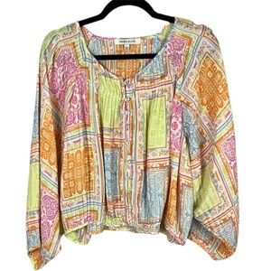 Rose + Olive Light Blue Yellow and Orange Pleated Cropped Blouse Size Large